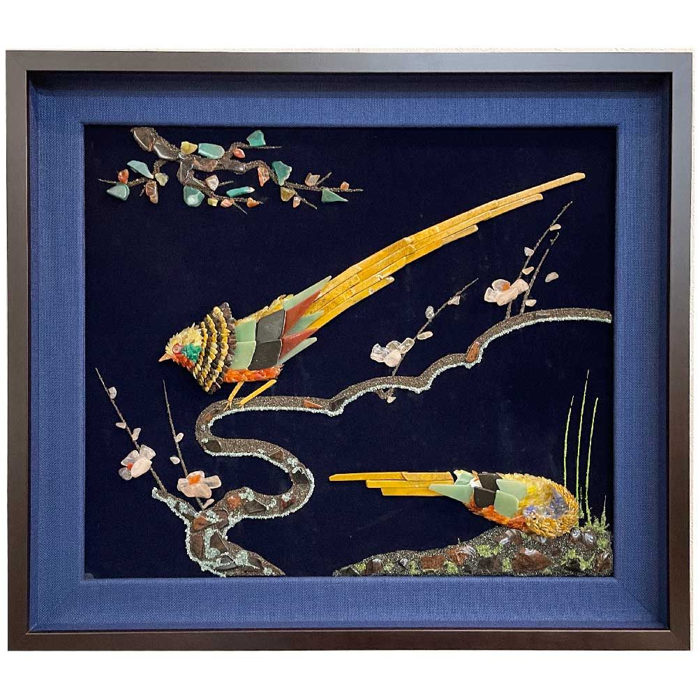 貴石画　宝石画　鶏　額装品 Yahoo!オークション - 貴石画 宝石画 尾長鶏 額装 石細工 天然石