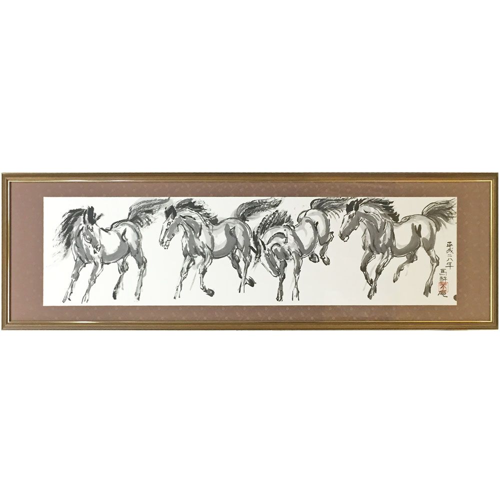 額装実例5 水墨画 馬群