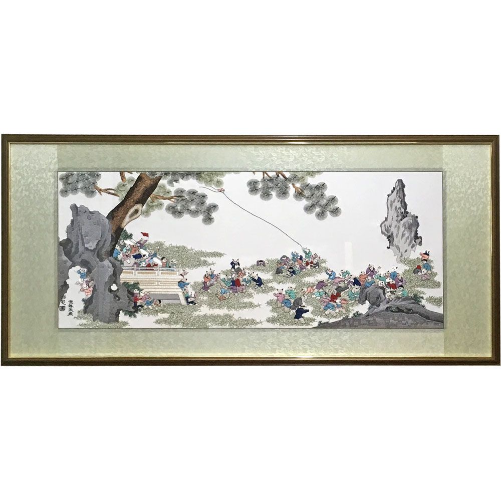 中国刺繍絵画 凧揚げ