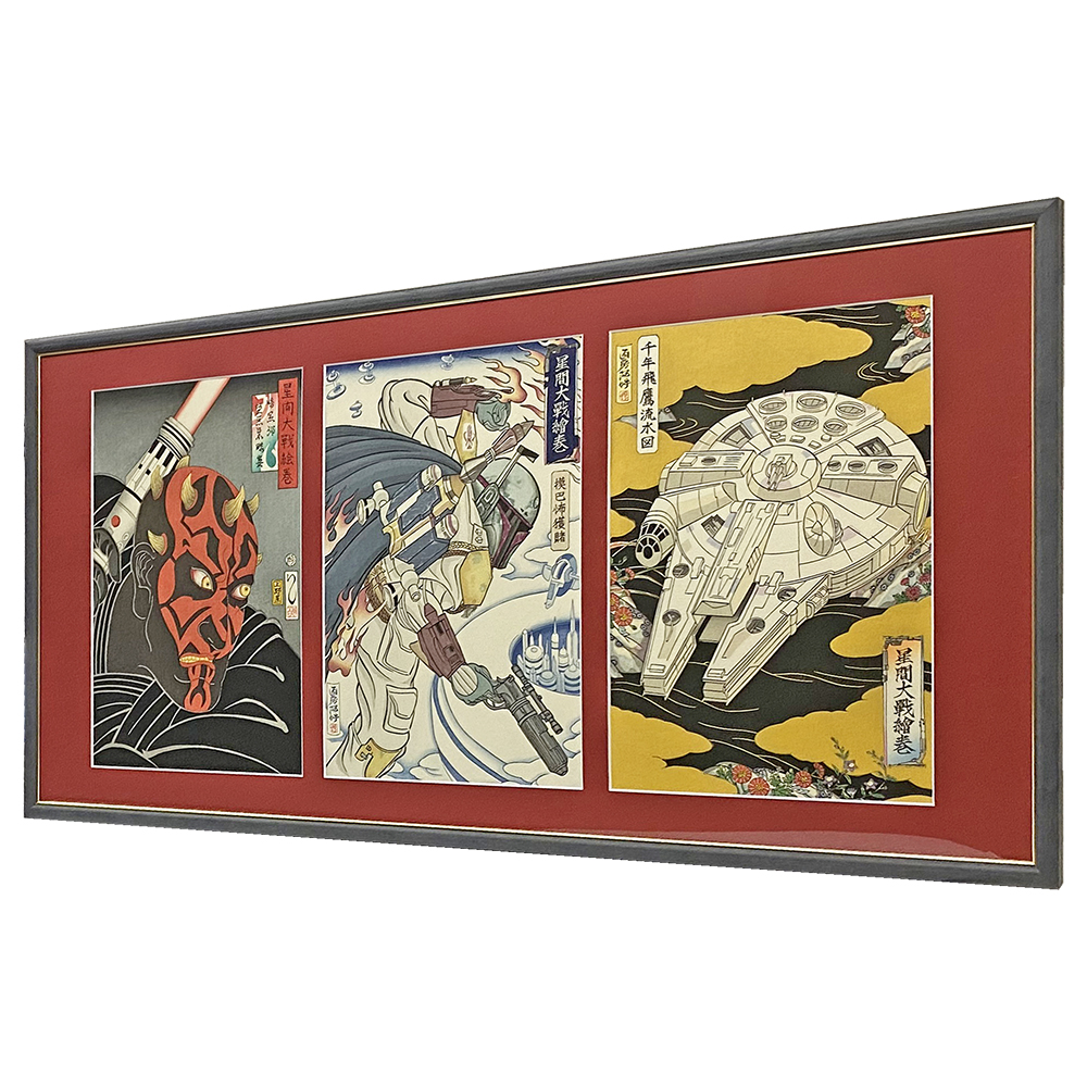 額装実例5 星間大戦絵巻 浮世絵3枚続き