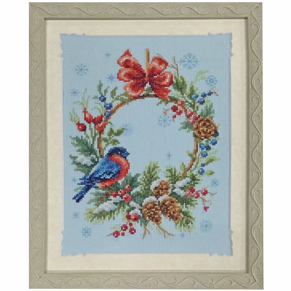 小鳥とリースの刺しゅう