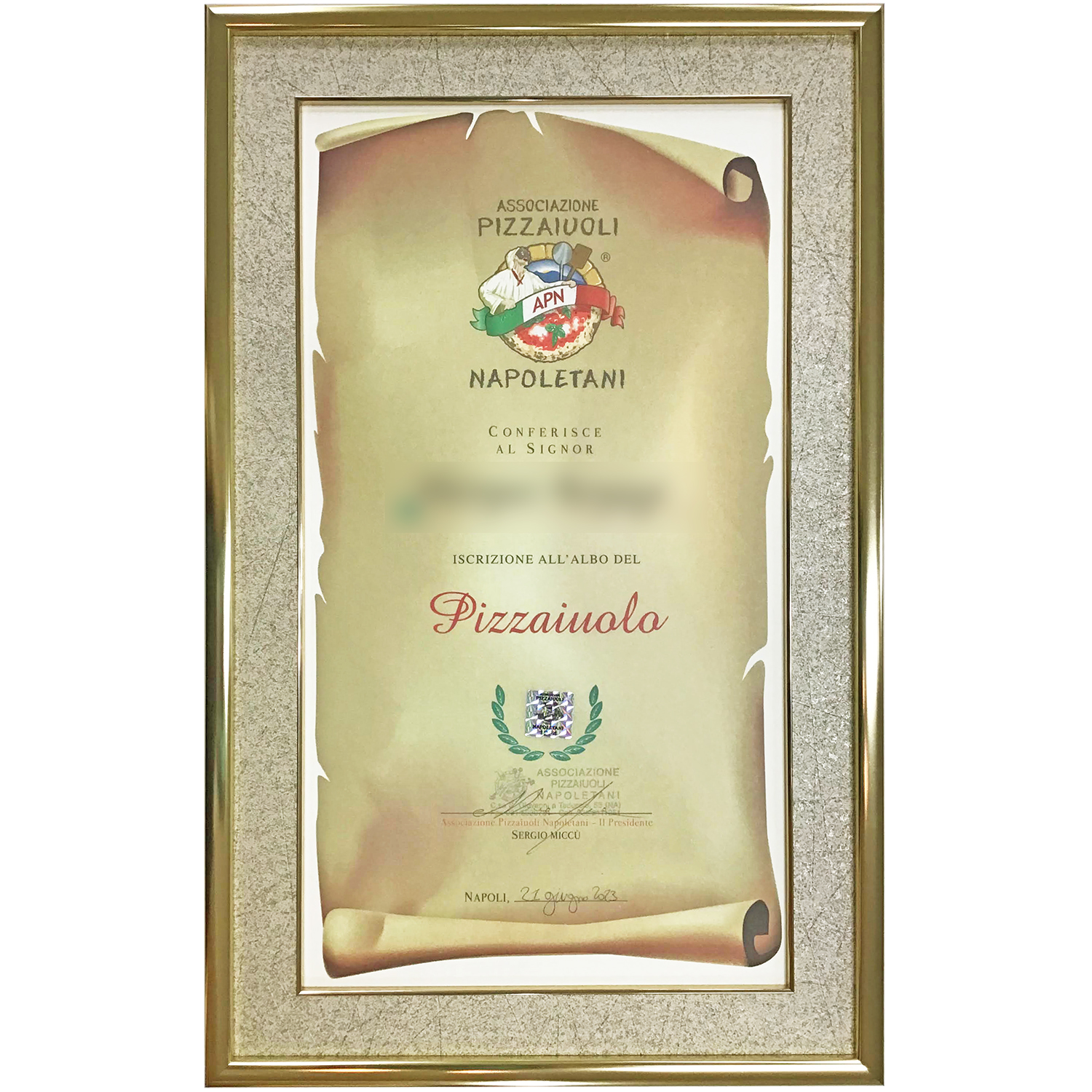 ナポリピッツァ職人認定書