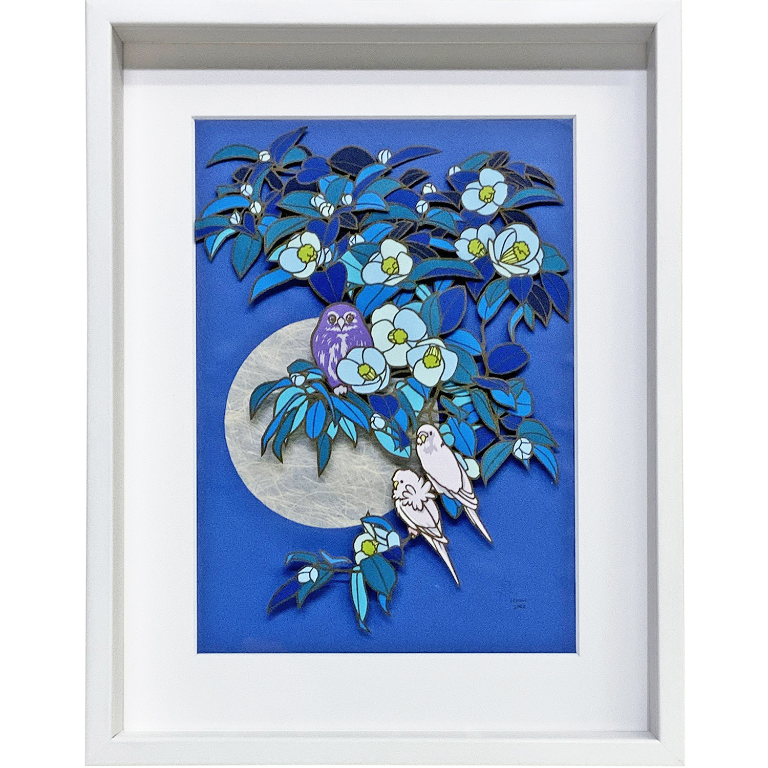 重ね切絵　鳥と椿