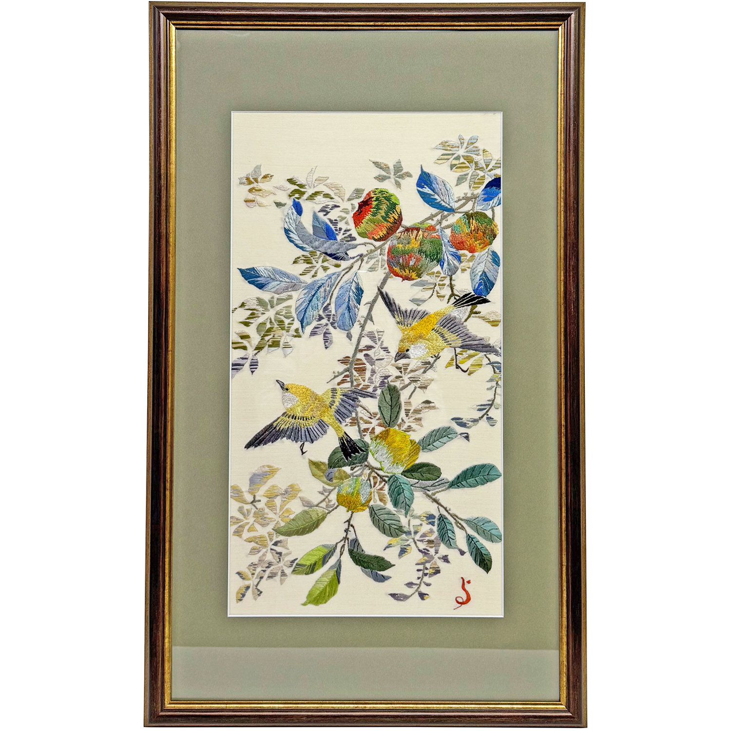 小鳥と植物の日本刺繍