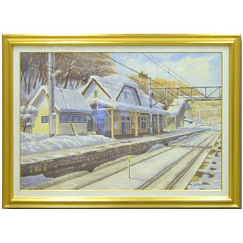 田植えの季節(水彩画 2022年作 フレーム付き) 水彩画 「信州姨捨駅」 金箔貼りの上品な輝きのフレームで水彩画