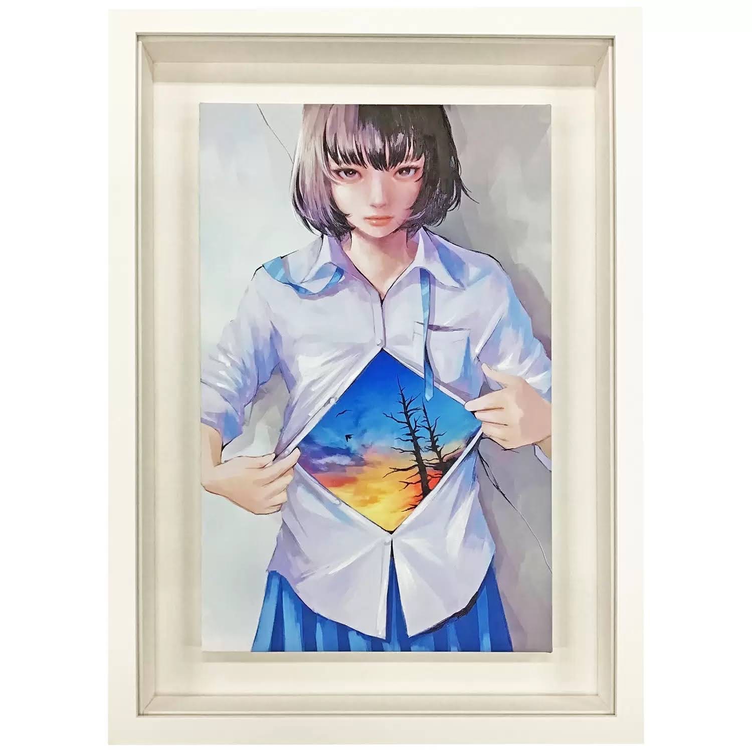 鉛筆画　白い木製フレーム付き　白い浜辺の女の子。 Amazon.com: hyidecorart Blue Sea Waves Wall Pictures Framed
