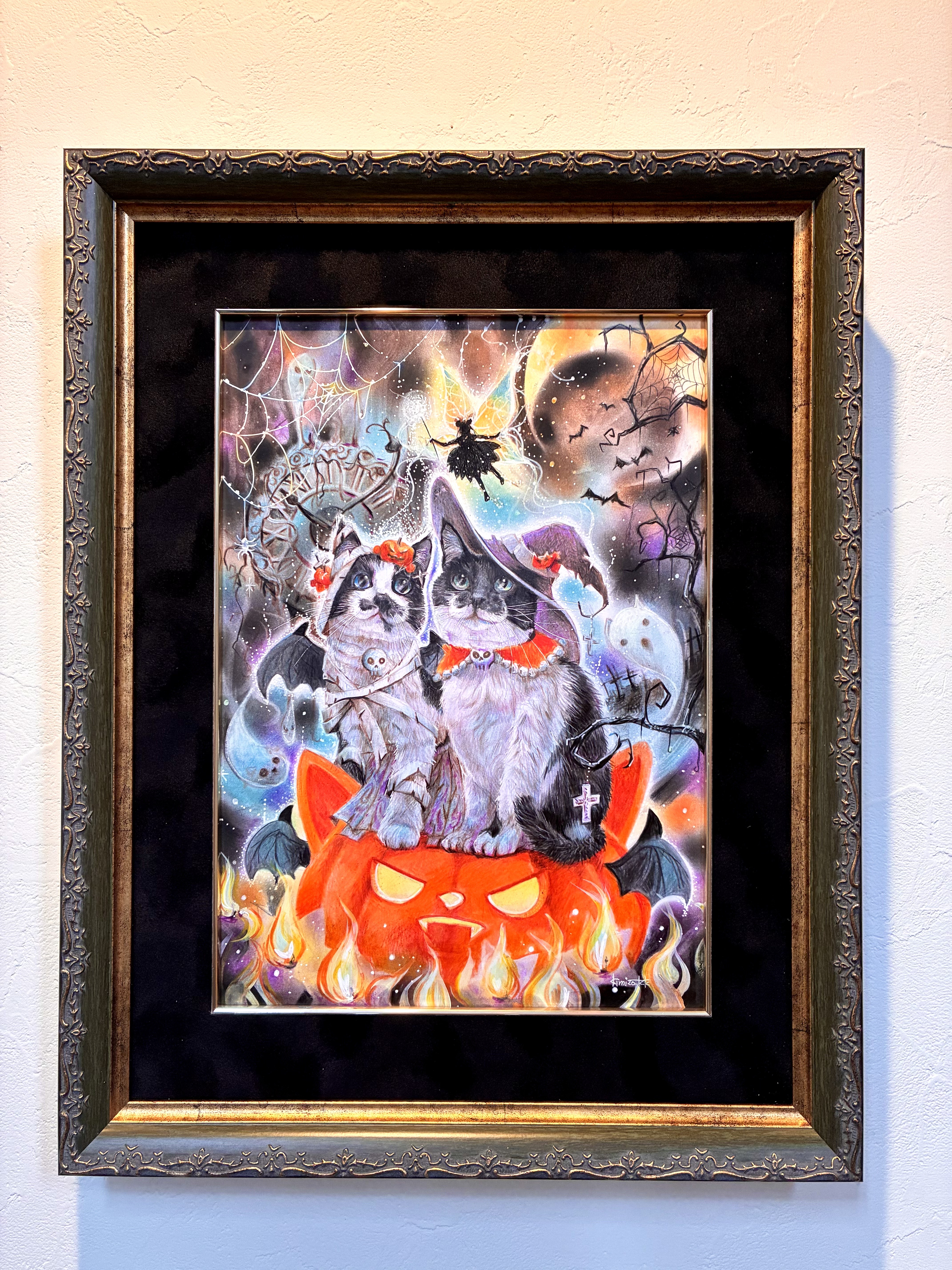 fra-me ハロウィン猫　色鉛筆パステル画 きみぞう。