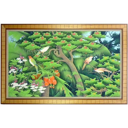 バリで求めた油絵 鮮やかなジャングルの色彩に合わせた、竹風のフレーム