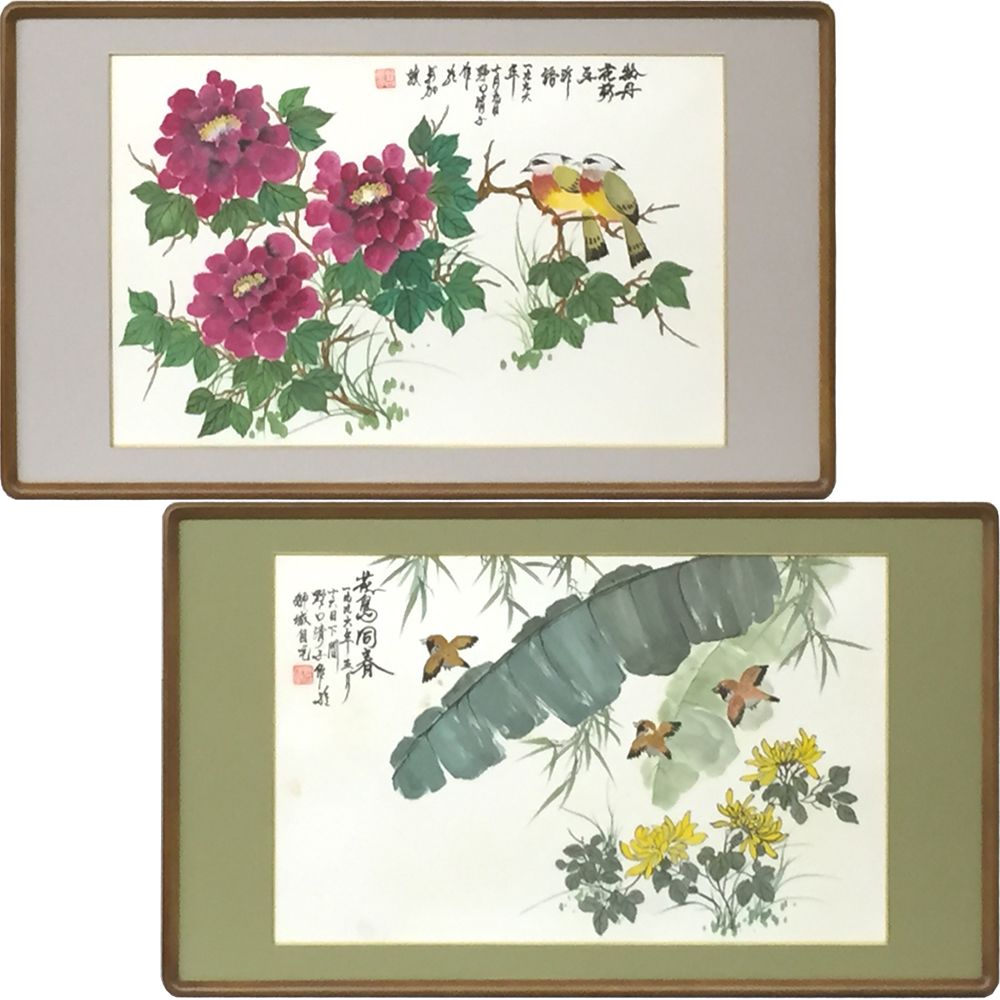 中国 花鳥画 色鮮やかな中国画、花鳥図を額装しました
