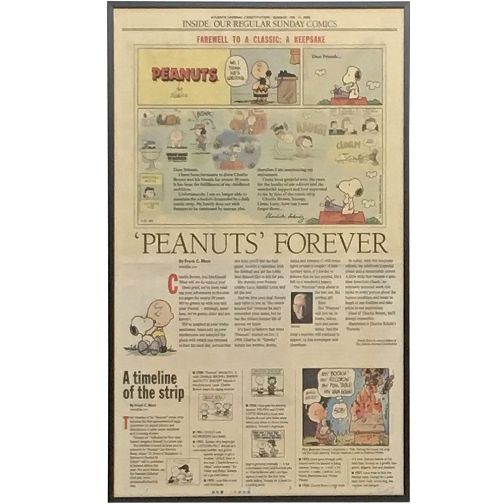ピーナッツ最終回 新聞 スヌーピーが登場する漫画の最終回 紙面の両面を見せての額装です