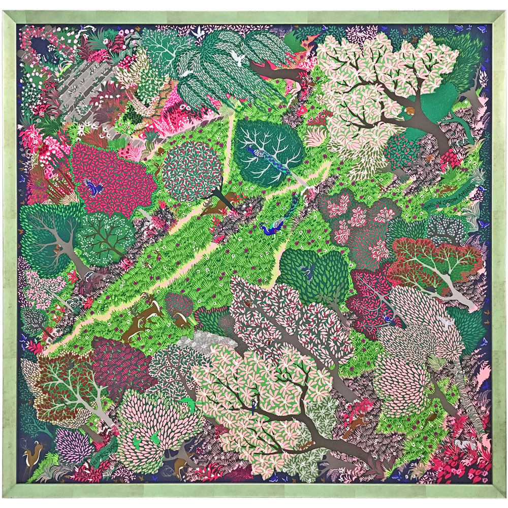 エルメス 英国式庭園にて スカーフの色に合わせて緑色フレームで額装です